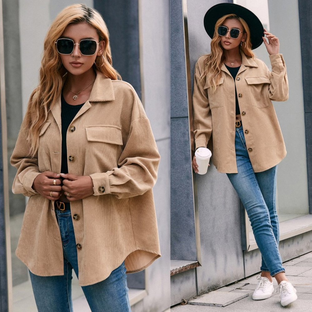 Button Down Lapel Collar Corduroy Shacket